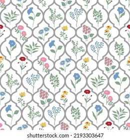 Nahtlose Frühlingsmuster mit Blumen, Blätter weißer Hintergrund. Frische, elegante Blumen, Vektorgrafik für Poster oder Deckel.