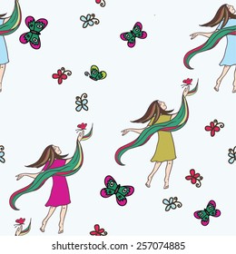 Seamless spring pattern with flying girls. Fashion, butterfly, dress.