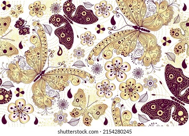 Seamless spring pattern with golden butterflies and flowers on a transparent background. Vector eps 10