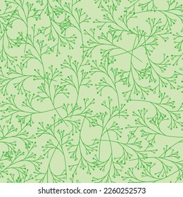 Patrón de primavera sin foco. Patrón monocromo verde, elementos dibujados a mano como rama. Ilustración vectorial. 
