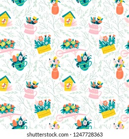 Seamless spring pattern with hand drawn ellement. Cute desing for wallpaper, textile, print and other.