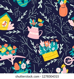 Seamless spring pattern with hand drawn ellement. Cute desing for wallpaper, textile, print and other.