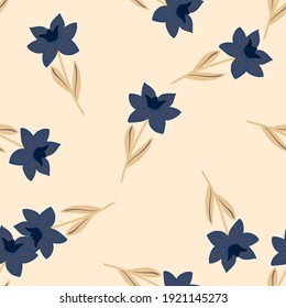 Seamless spring pattern with hand drawn navy blue random simple flowers silhouettes print. Light pink background. Flat vector print for textile, fabric, giftwrap, wallpapers. Endless illustration.