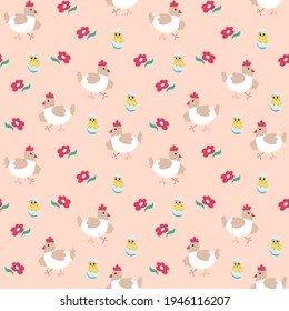 Seamless spring pattern with hen, chicken and flower. Vector illustration on a pink background. Endless texture for Easter