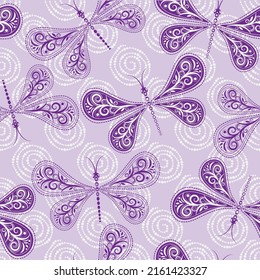 Seamless spring pattern with lace bicolor dragonflies gentle pink  background. Vector eps 10