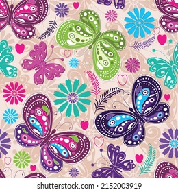 Seamless spring pattern with lace colorful butterflies on a  light background. Vector eps 10