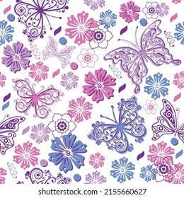 Patrón de resorte sin foco con mariposas coloridas de encaje sobre un fondo transparente. Vector eps 10
