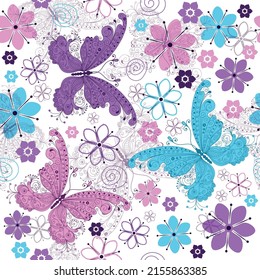Seamless spring pattern with lace colorful  butterflies on a transparent background. Vector eps 10