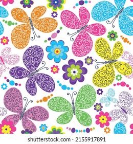 Seamless spring pattern with lace colorful  butterflies on a transparent background. Vector eps 10