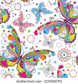 Seamless spring pattern with lace colorful  butterflies on a transparent background. Vector eps 10
