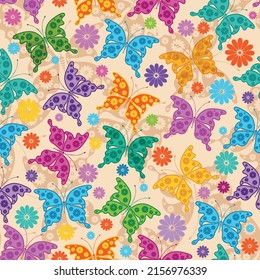 Seamless spring pattern with lace colorful  butterflies on a yellow background. Vector eps 10