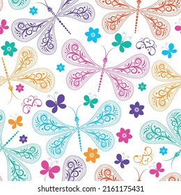 Seamless spring pattern with lace colorful dragonflies and butterflies on a transparent background. Vector eps 10