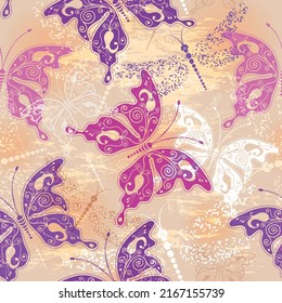 Seamless spring pattern with lace colorful dragonflies and butterflies on a grunge spotty background. Vector eps 10