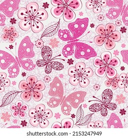 Seamless spring pattern with lace pink and purple butterflies on a  light background. Vector eps 10