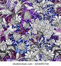 Seamless spring pattern with little flowers. Vector illustration. On white, black and gray colors in watercolor style.