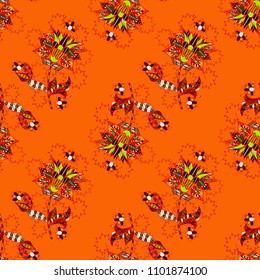 Seamless spring pattern with little flowers. Vector illustration. On orange, red, brown and green colors in watercolor style.