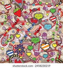 seamless spring pattern with little flowers. vector illustration on pleasant colors in watercolor style. Hearts. Candy. 