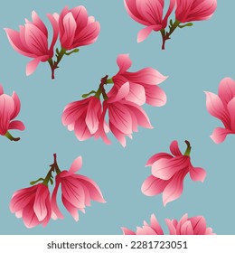 Seamless Spring Pattern of Magnolia Flowers. Floral Vector Background for Wallpaper, Textile Design, Gift Wrap, Fabric, Cover.