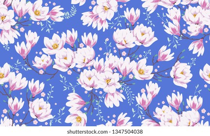 Seamless spring pattern with magnolias. Design of fabric for elegant summer dress