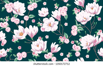 Seamless spring pattern with magnolias. Design of fabric for elegant summer dress