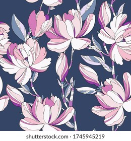 Seamless spring pattern with magnolias. Design of fabric for elegant summer dress