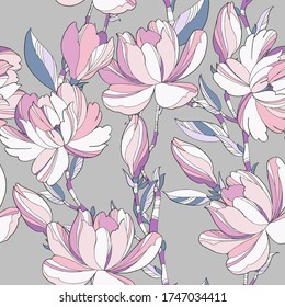 Seamless spring pattern with magnolias. Design of fabric for elegant summer dress