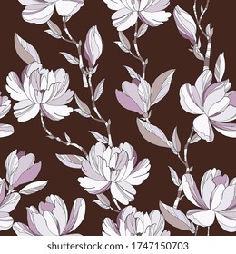 Seamless spring pattern with magnolias. Design of fabric for elegant summer dress