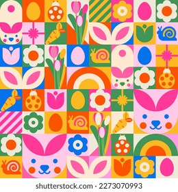 Seamless spring pattern in mosaic style for Happy Easter. Bunnies and Easter eggs, snails, ladybugs, rainbows and lots of flowers. 