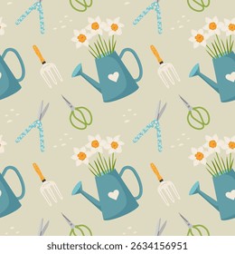 Seamless spring pattern on the theme of the garden. Narcissus in a watering can. Garden accessories. Suitable for textiles, wallpaper, printing on notebooks, exercise books.