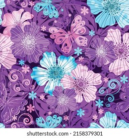 Seamless spring pattern with pale pink flowers and butterflies. Vector eps 10