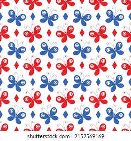 Seamless spring pattern with red and blue butterflies on a transparent background. Vector eps 10
