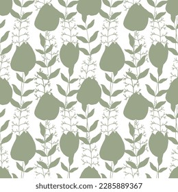 Seamless spring pattern, silhouettes of tulips and leaves on a white background. Printing for printing, T-shirts and textiles. Wrapping paper.