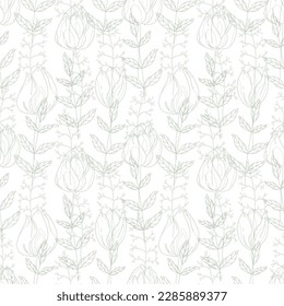Seamless spring pattern, silhouettes of tulips and leaves on a white background. Printing for printing, T-shirts and textiles. Wrapping paper. In light green tones.