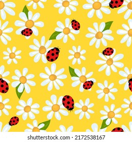 Patrón de resorte sin inconvenientes con manzanilla simple y ladybug. Imprimir para tela y papel de envoltura.