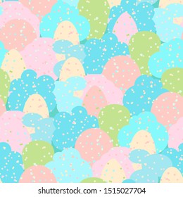 Seamless spring pattern with simple flat textured trees. Endless background. Abstract stylized plant silhouettes. Vector illustration. 