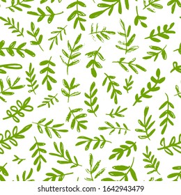 Seamless spring pattern. Simple green leaves and twigs on a white background. Vintage print for textiles. Vector illustration.