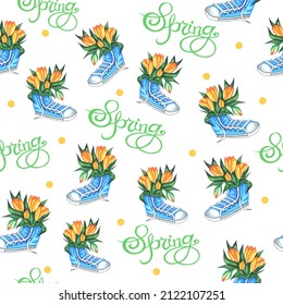 Patrón de resorte sin foco de zapatillas con tulipanes amarillos y la inscripción SPRING. círculos amarillos, pascua, flores de primavera, tulipanes, zapatos. Impresión de tendencia para el diseño de paquetes de regalo, servilletas, vector 