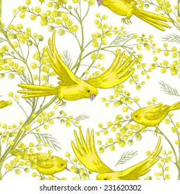 Seamless Spring Pattern with Sprig of Mimosa and Yellow Bird 