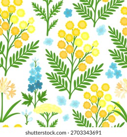 Patrón de primavera sin fisuras con primavera de Mimosa y flores silvestres azules. Marzo 8 Dibujado a mano. No IA, Ilustración vectorial