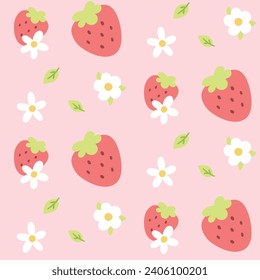 seamless spring pattern with strawberries and flowers