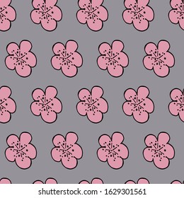 Seamless spring pattern with stylized cute flowers. Endless texture for your design, greeting cards, announcements, posters, kraft paper, tags, gift wrapping paper.