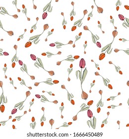 Seamless spring pattern with stylized cute pink flowers, tulips. Endless texture for your design, greeting cards, announcements, posters, kraft paper, tags, gift wrapping paper.