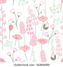 Seamless spring pattern with stylized cute pink flowers.  Endless texture for your design, greeting cards, announcements, posters.