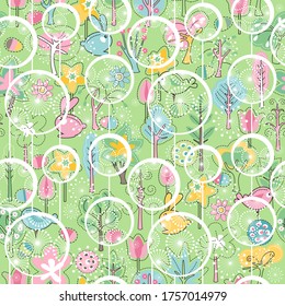 Seamless spring pattern with stylized trees