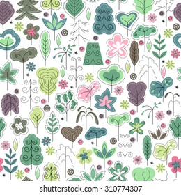 Seamless spring pattern with stylized trees. White background