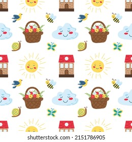 Seamless spring pattern. Sun, clouds, flowers, house. Flat vector illustration