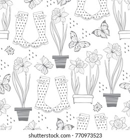 Seamless spring pattern. Vector monochrome illustration.