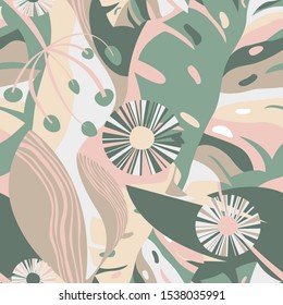 Seamless spring pattern vector with stylized plants, modern digital background, decorative print