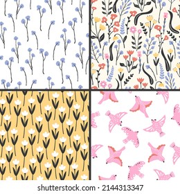 Seamless spring pattern with vintage style flowers. Collection of floral bright prints
