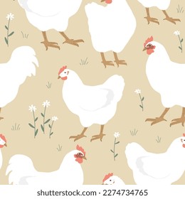 Seamless spring pattern with white chickens and flowers. Vector graphic illustration.